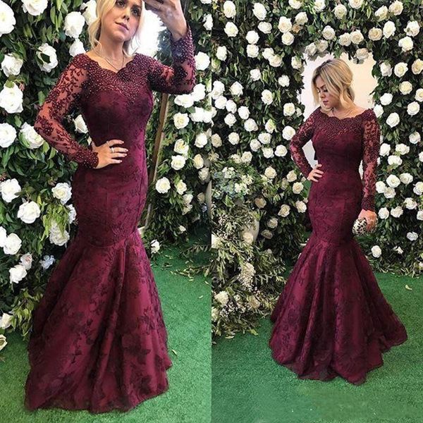 

burgundy lace crystal mermaid evening formal dresses 2018 barbara melo modest fashion long sleeve full length fishtail occasion prom gowns, Black;red