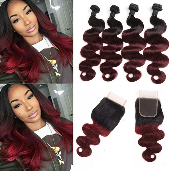 

ombre brazilian body wave virgin hair weaves two tone 1b/99j burgundy wine red peruvian malaysian 4 bundles with closure 5pieces/lot, Black;brown