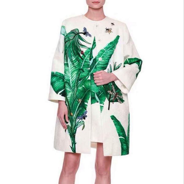 

wholesale- banana green leaves printed beaded dragonfly cocoon women's trench 0801mm01, Tan;black