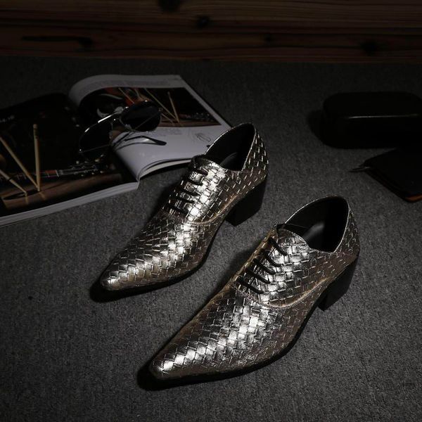 

pointed toe increased tide mens leather shoes fashion lacing up gold dress shoes for party office shoes silver, Black
