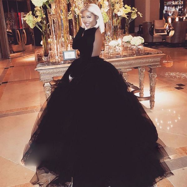 

attractive open backless prom dress jewel neck long sleeves fluffy floor length ball gown evening dress black puffy tulle evening gowns