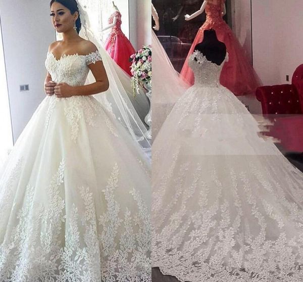 

2017 luxury vintage rich dubai wedding dresses arabic lace applique cathedral train ball gown off-shoulder princess modest bridal dress, White