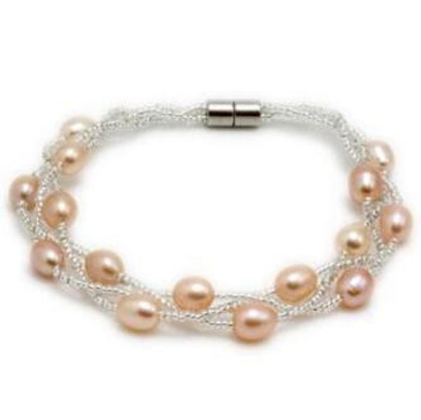 Bracciale con perle di ostrica d'acqua dolce naturale pura da 5-6 mm Gioielli con perle a 3 strati con braccialetto di perle nuziali con fibbia magnetica