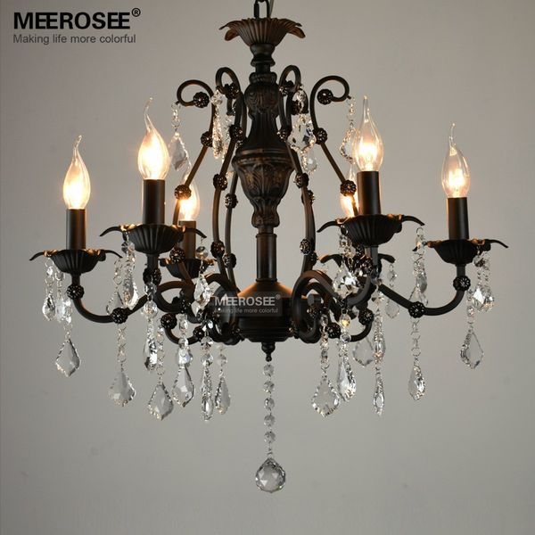 Vintage Black Crystal Pendant Light Fixture 6 Lights American Wrought Iron Pendant Lamp Suspension Hanging Drop Light Wrought Iron Chandeliers
