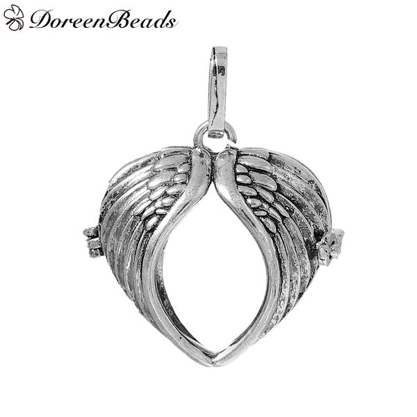 

copper pendants heart antique silver feather wing hollow can open 40mm(1 5/8") x 32mm(1 2/8"), 1 piece 2016 new jewelry making, Bronze;silver