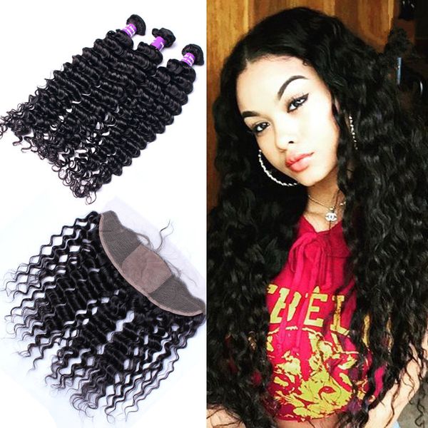 Virgin Indian Deep Curly Hair Weaves With Silk Base Lace Frontal