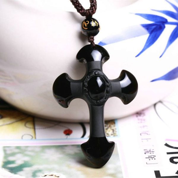 

drop shipping natural black obsidian carving crosses lucky amulet pendant necklace for women men necklace jewelry 52*36mm, Silver