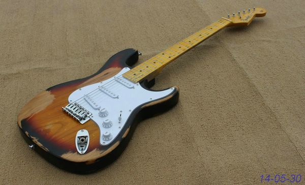 

wholesale electric guitar aged sunburst color srv v/c shape headstock