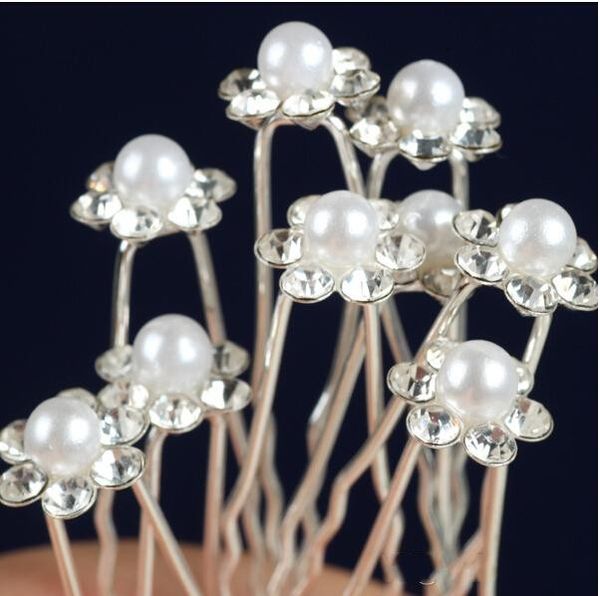 A buon mercato Intero 40 PZ Accessori da sposa Perle da sposa Forcine Fiore Perla di cristallo Strass Perni di capelli Clip Damigella d'onore Donne Ha3207