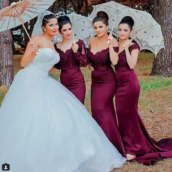 

mermaid bridesmaid dresses 2018 long for weddings off shoulder long sleeves lace appliques beaded plus size maid of honor wedding guest gown, White;pink