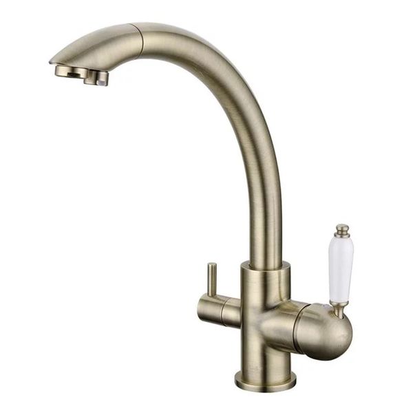 

rolya rushed troditional style antique bronze kitchen faucet sink mixer tri-flow 3 way water filter tap