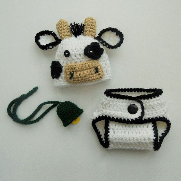 

Новорожденный милый костюм белой коровы, вязание крючком ручной работы Коровка д