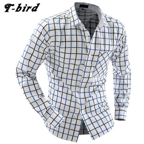 

wholesale- t-bird 2017 brand men long sleeve fashion shirts casual male slim fit polka hit color plaid mens camisas dress shirts men xxl, White;black