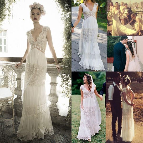 

Bohemian Lace Wedding Dresses A-Line Backless Boho Applique V-Neck Sleeveless Floor Length Vintage Wedding Bridal Gowns Vestidos de Novia