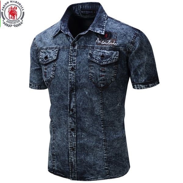 

wholesale- 2017 new brand men shirt short sleeve denim shirt mens casual dress male jean shirts 100% cotton, White;black