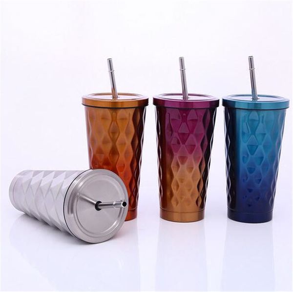 

stainless steel cold cup diamond straw bottle tapered special shaped mugs 4 styles stainless steel thermos coffee cup