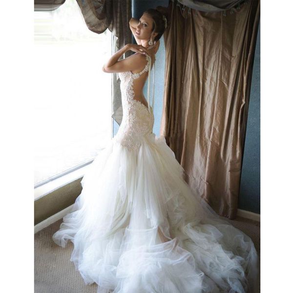

2020 new lace mermaid wedding dress v-neck backless sheer straps pearls appliques long bridal gowns vestidos de novia, White