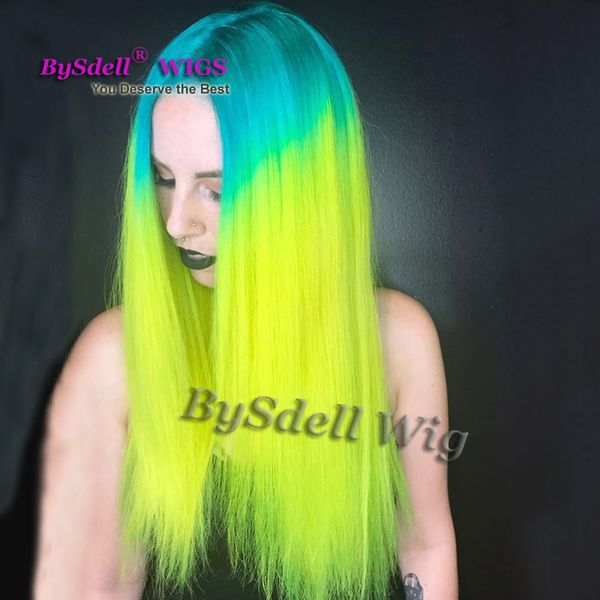 Long Straight Blue Ombre Neon Green Color Hair Wig Synthetic Heat