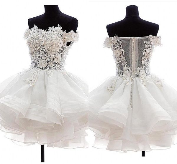 

Mini Sexy White Ivory Short Cocktail Dresses Strapless Organza 3D Floral Applique Illusion Back Puffy Homecoming Dresses Party Gowns