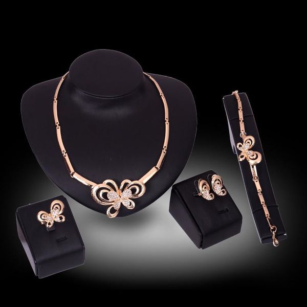

bracelet necklace earrings ring jewelry set elegant luxury rhinestone 18k gold plated alloy butterfly wedding jewelry 4-piece set js215, Slivery;golden