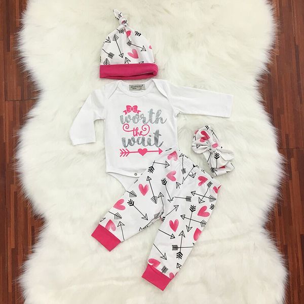 

wholesale fall winter newborn toddler kids long sleeve arrow letters set baby boys girls outfits clothes romper +pants+hat+headband 4pc, White