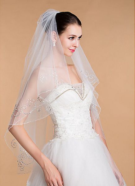 Nuova alta qualità Incredibile lunghezza romantica della punta delle dita Elegante velo di lusso con bordi in rilievo Copricapo da sposa per abiti da sposa