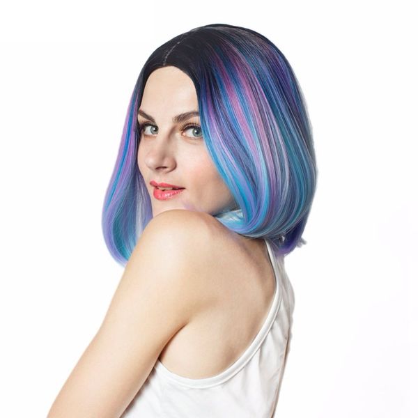 Mixed Color Purple Pink Blue Black Rainbow Short Straight Hair Bob