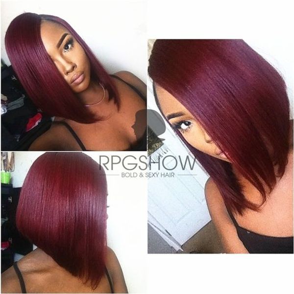 

12" ombre burgundy bob wig human hair glueless full lace wig bob ombre human hair full lace wig straight wigs for black women, Black;brown