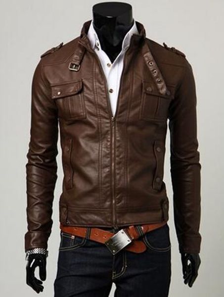 

men in the spring and autumn clothing design fitted jacket motorcycle leather clothing men's stand-up collar outerwear / m-xxl, Black