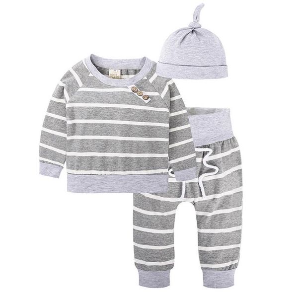 Ins Herbst Infant Baby Streifen Kleidung Set Kinder Jungen Baumwolle Tops T-shirt + Hosen + Hut 2cps Kleidung Anzug kinder Outfits 13482