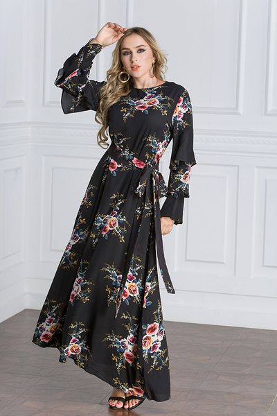 

new arrival women floral print long dress plus size islamic long sleeved kaftan dress -6xl robes, White;black