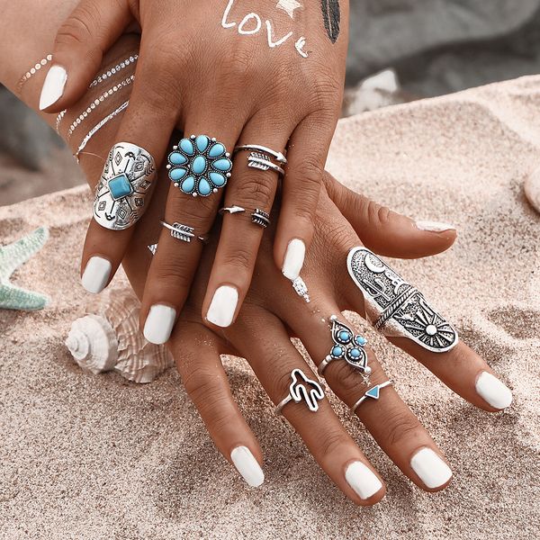 

9pcs/set bohemian ethnic retro silver ring set for women flower arrow rings vintage tibetan style jewelry accessories for girl gift d5s