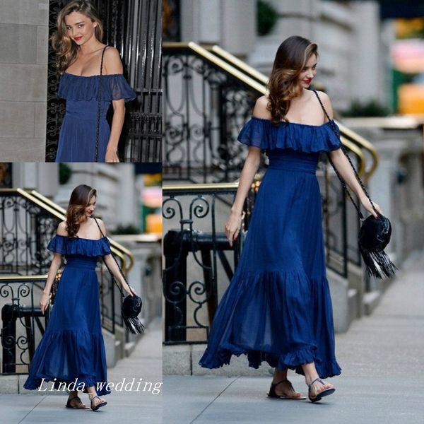 Azul Royal Miranda Kerr Vestido de Noite New Sexy Fora Do Ombro Chiffon Longo Formal Vestido de Festa Celeybrity Vestido