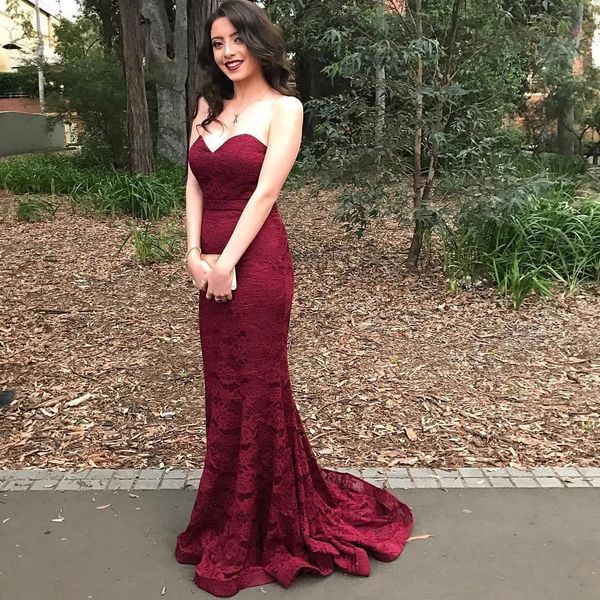 

new classic burgundy lace evening dresses sweetheart floor length mermaid simple design party gowns custom size, Black;red