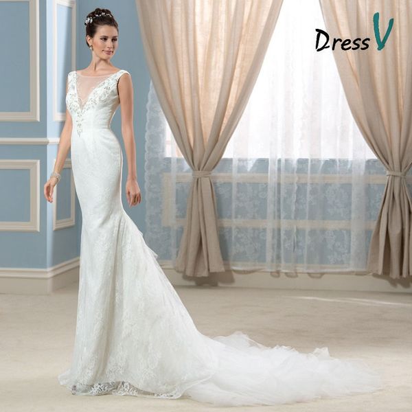 

Luxury 2019 Gorgeous Backless Mermaid Wedding Dress Sheer Boat Neck Chapel Train Vintage Bridal Gowns Plus Size Bride Dress Custom Made