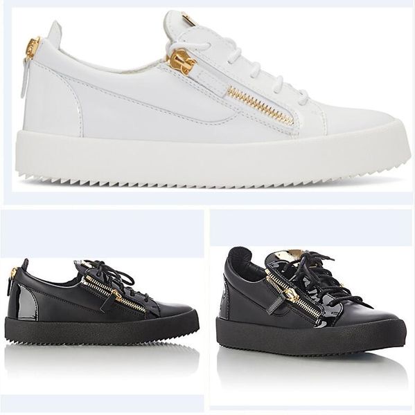 

Fashion Italian quality brand black/white Genuine Leather With Double Gold Zipper Men Women sneakers,Low Top Thick Soles casual Flat shoes