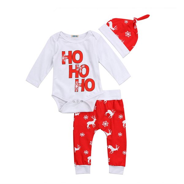 Kinder Weihnachtskleidung Schneeflocke Hirschdruck Baumwolle Anzüge Kleinkind Säugling Baby Jungen Mädchen Strampler Hosen Hut 3PCS Outfits Set Neugeborene Kleidung