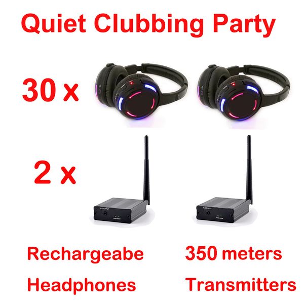 

silent disco complete system rf led flashing wireless headphones - quiet clubbing party bundle (30 headphones + 2 transmitters