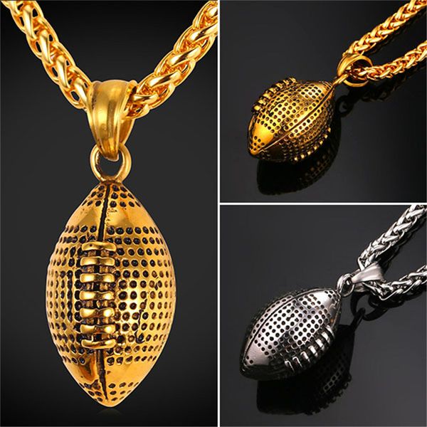 

316l stainless steel football pendant necklace for women/men 18k real gold plated rugby necklaces, Silver