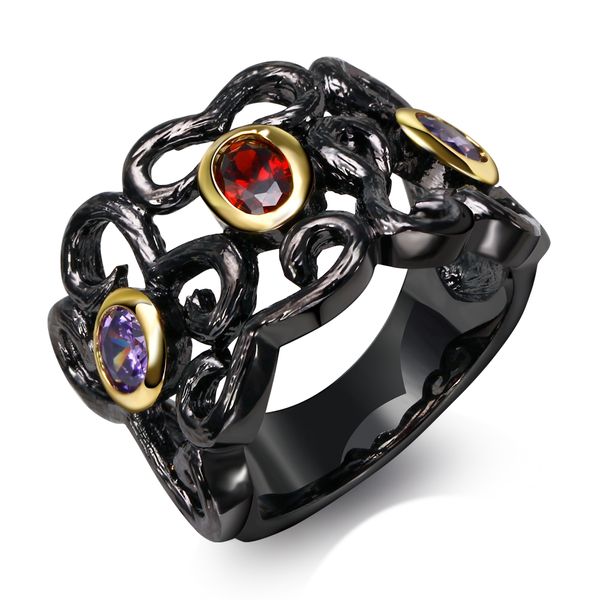 

promotion black fashion ring jewelry setting with ruby and amethyst crystal cz rings for anniversary gifts, Golden;silver