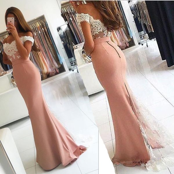 Off-a-ombro Lace-apliques Rosa longa escura Modern Mermaid Prom Dress Chiffon Sexy vestido de noite vestidos modestos prom com mangas