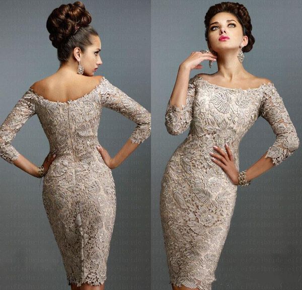 

2017 Latest European Sexy Off-Shoulder Mother of Bride Dresses Lace 3/4 Long Sleeve Elegant Knee-Length Beach Mother Gowns of Wedding, Black;red