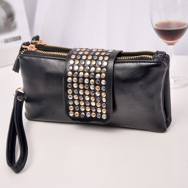 

wholesale- 2017 purse women pu leather wallets with studs money holder long purses fashion rivet decoration purse card holder mini bags, Red;black