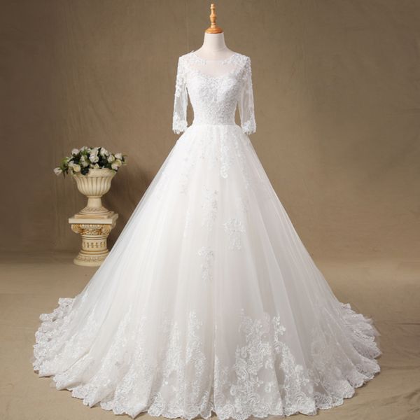 

bateau neck appliques soft tulle ball gown wedding dress with court train 2017 3/4 sleeves bridal wedding gowns, White