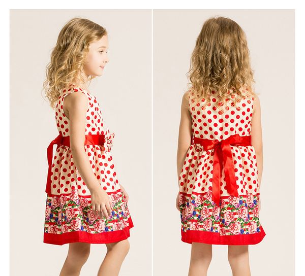 

ems dhl girls dresses polyester + cotton lolita style princess dress a-line geometric sleeveless bow knee-length o-neck kids dresses, White;blue