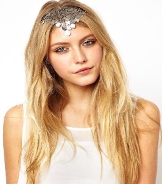 

sequin pendant forehead band women bohemian national style metal head chain stretchy headband chain forehead dance headbands, Silver