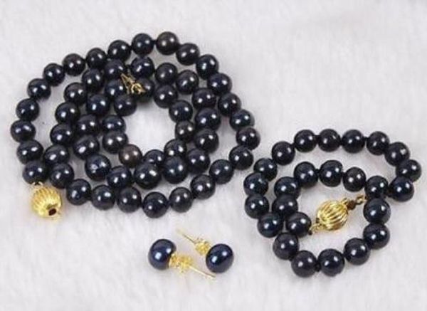 

surprising 9-10mm black south sea pearl necklace 18" + bracelet + gift earring, Silver