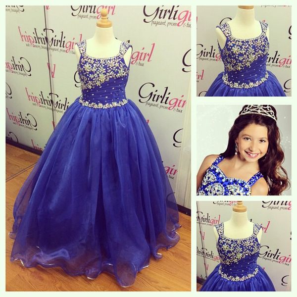 2021 Girls Pageant Vestidos Royal Blue Tamanho com Lace-up Voltar e Colher Pescoço Fotos Reais Cristais Frisados ​​Cristais Ruched Bola Vestido Garotas De Festa