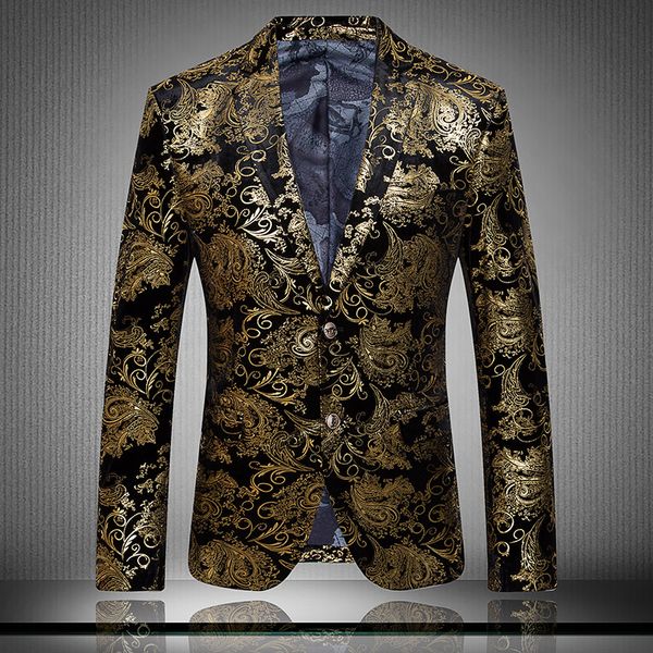 All'ingrosso-2016 Abbigliamento di marca Lussuosi abiti dorati Uomo Stampa Blazer Casual Floral Jaqueta De Luxo Giacche da uomo