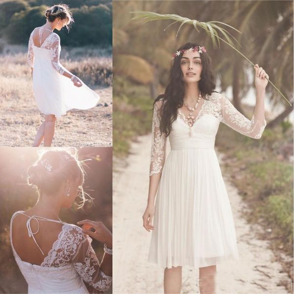 

2019 boho ivory hort wedding dre e heer 3 4 leeve v neck pleat lace chiffon bridal gown knee length beach garden